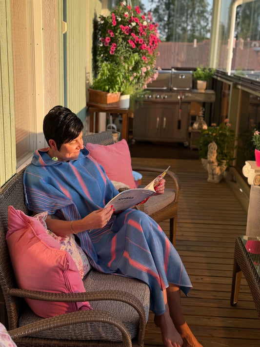 Hamam tunika hupullinen Raita sininen-koralli