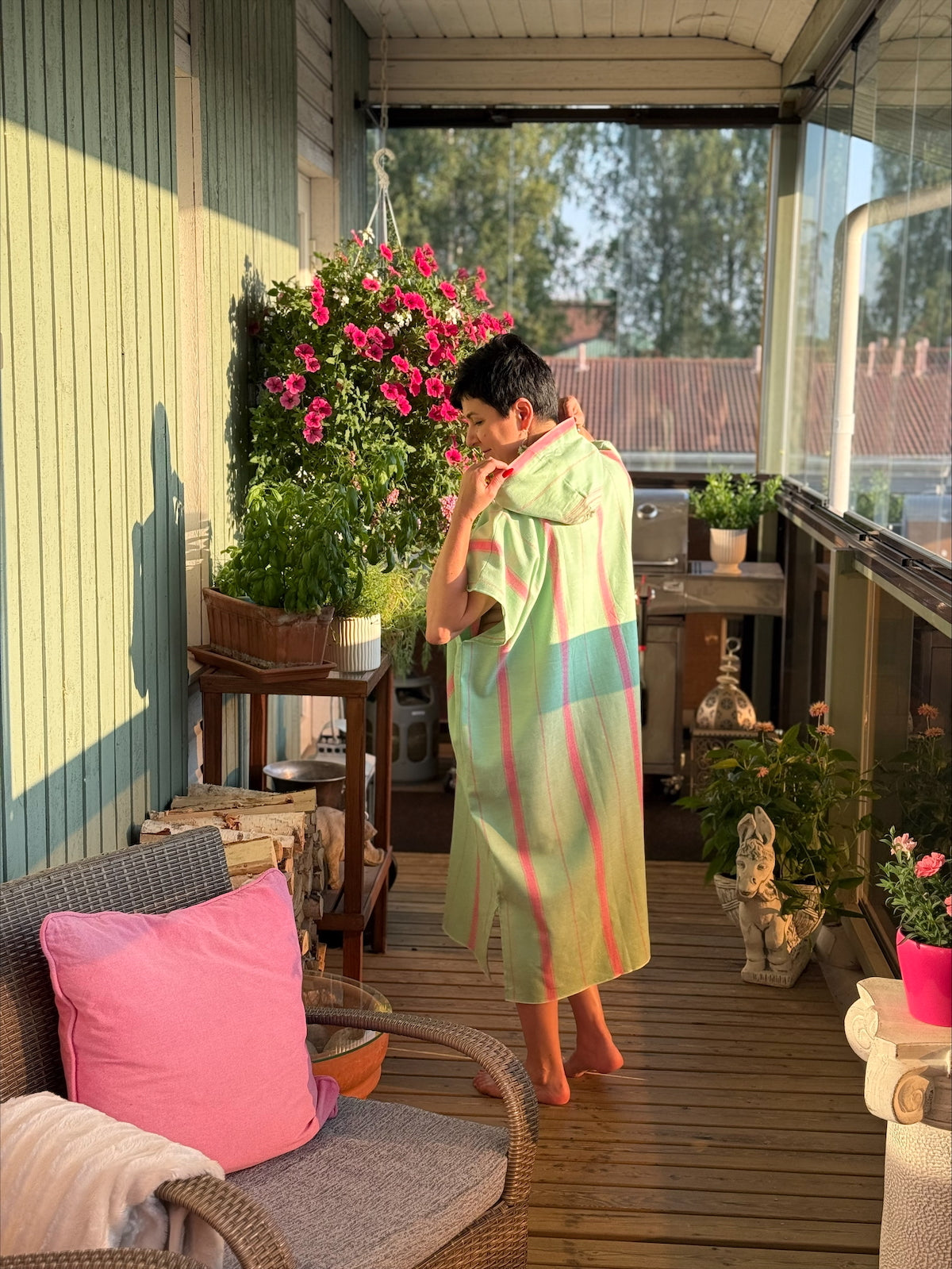 Hamam tunika hupullinen Raita vaaleanvihreä-pinkki