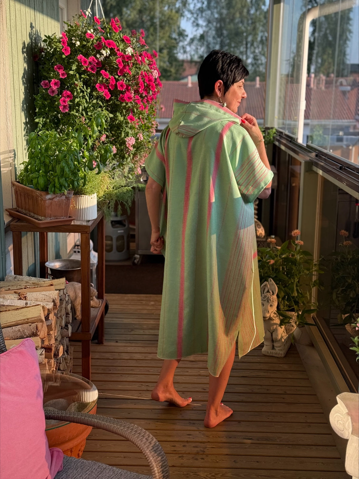 Hamam tunika hupullinen Raita vaaleanvihreä-pinkki