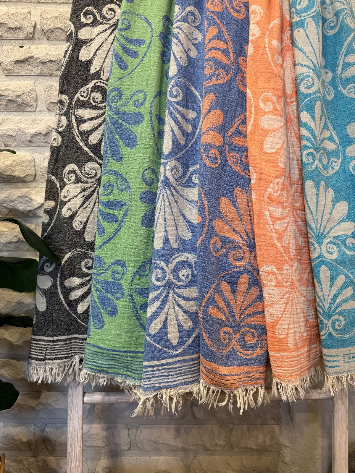 Kreikkalainen pyyhe Lootuskukka sininen/koralli puuvilla 90x180cm