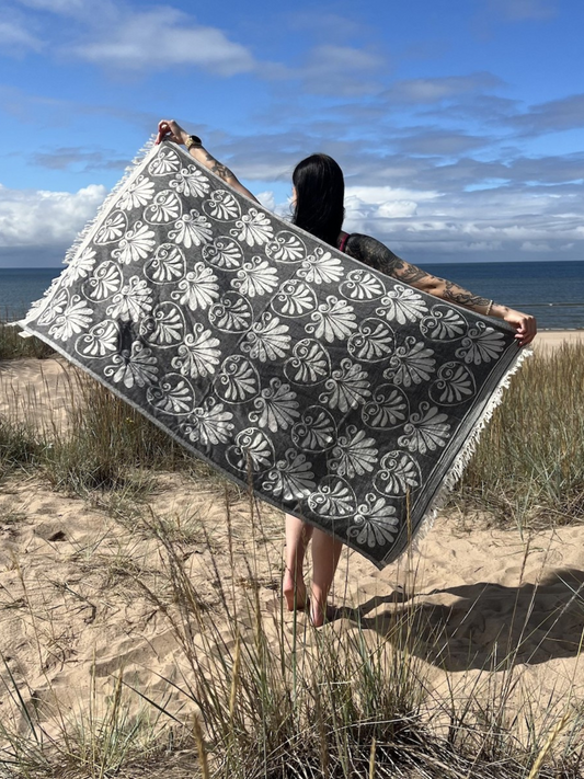 Kreikkalainen pyyhe Lootuskukka musta puuvilla 90x180cm