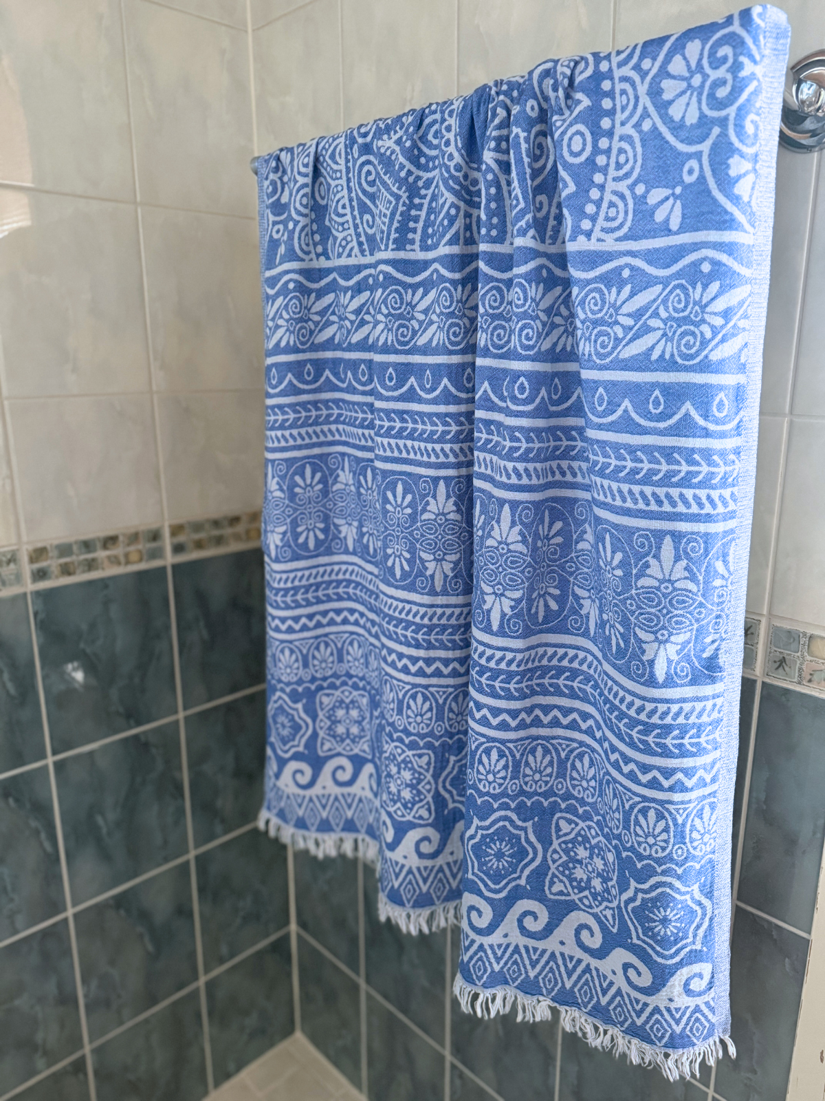 Kreikkalainen pyyhe Mandala sininen puuvilla 90x180cm