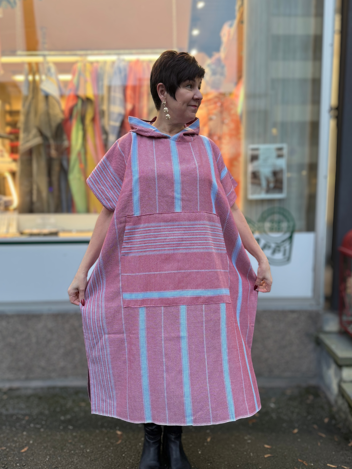 Hamam tunika hupullinen Raita tiilenpunainen-sininen