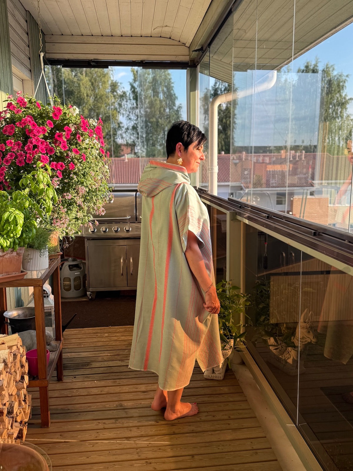 Hamam tunika hupullinen Raita harmaanvihreä-koralli
