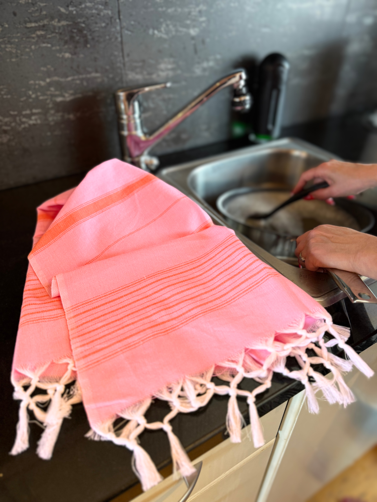 Hamam käsipyyhe Raita pinkki-mandariini puuvilla 50x100cm