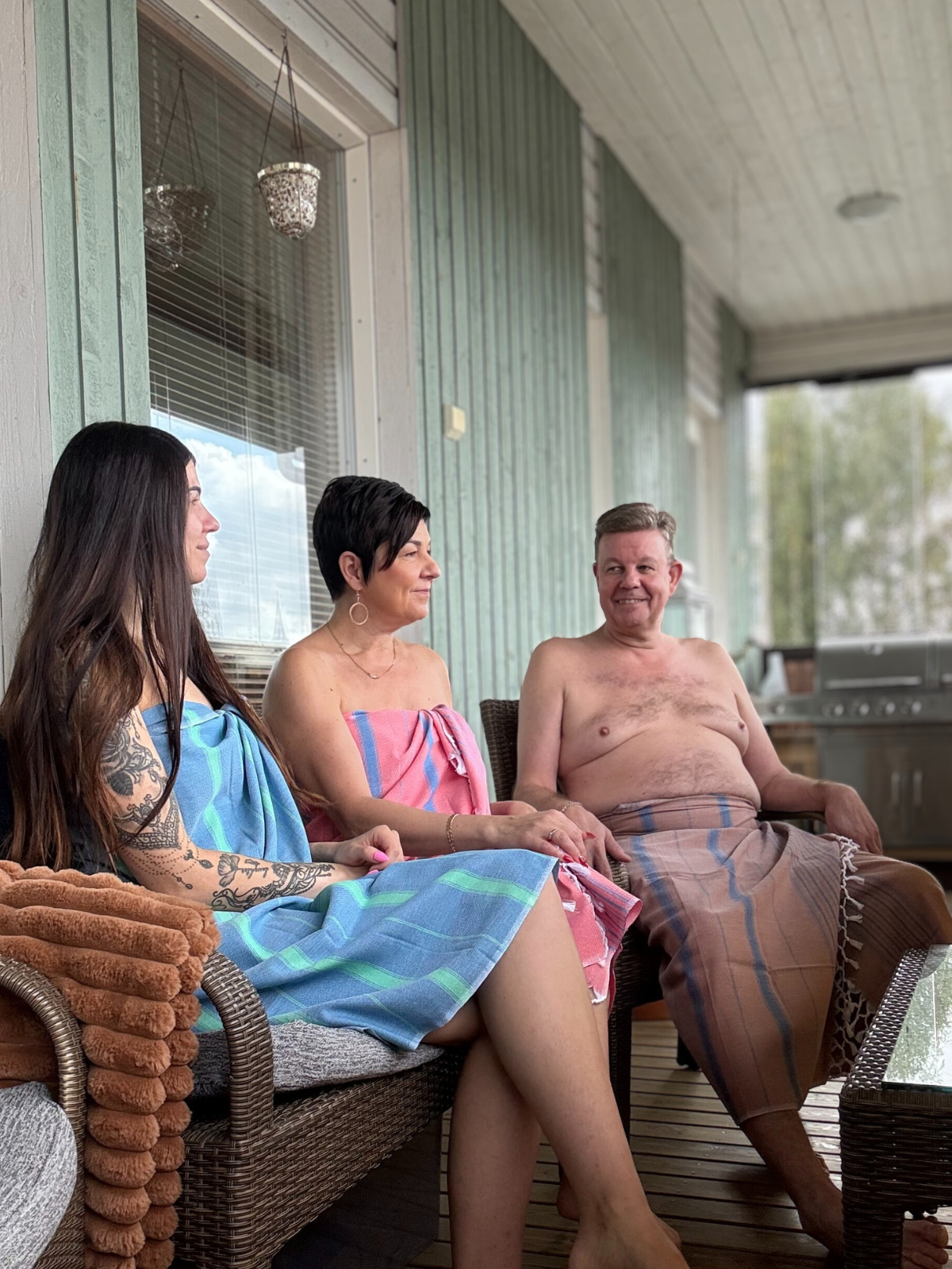 Hamam pyyhe Raita ruskea-sininen puuvilla 100x170cm