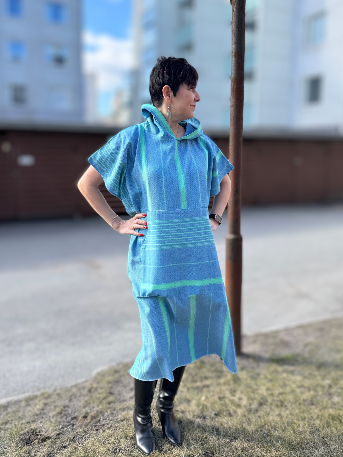 Hamam tunika hupullinen Raita sininen-vihreä