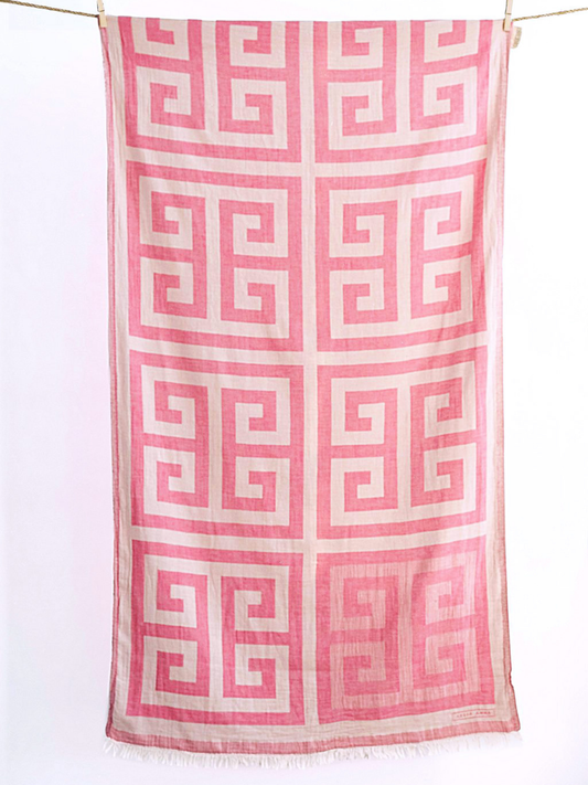 Kreikkalainen pyyhe Meander pinkki puuvilla 90x180cm