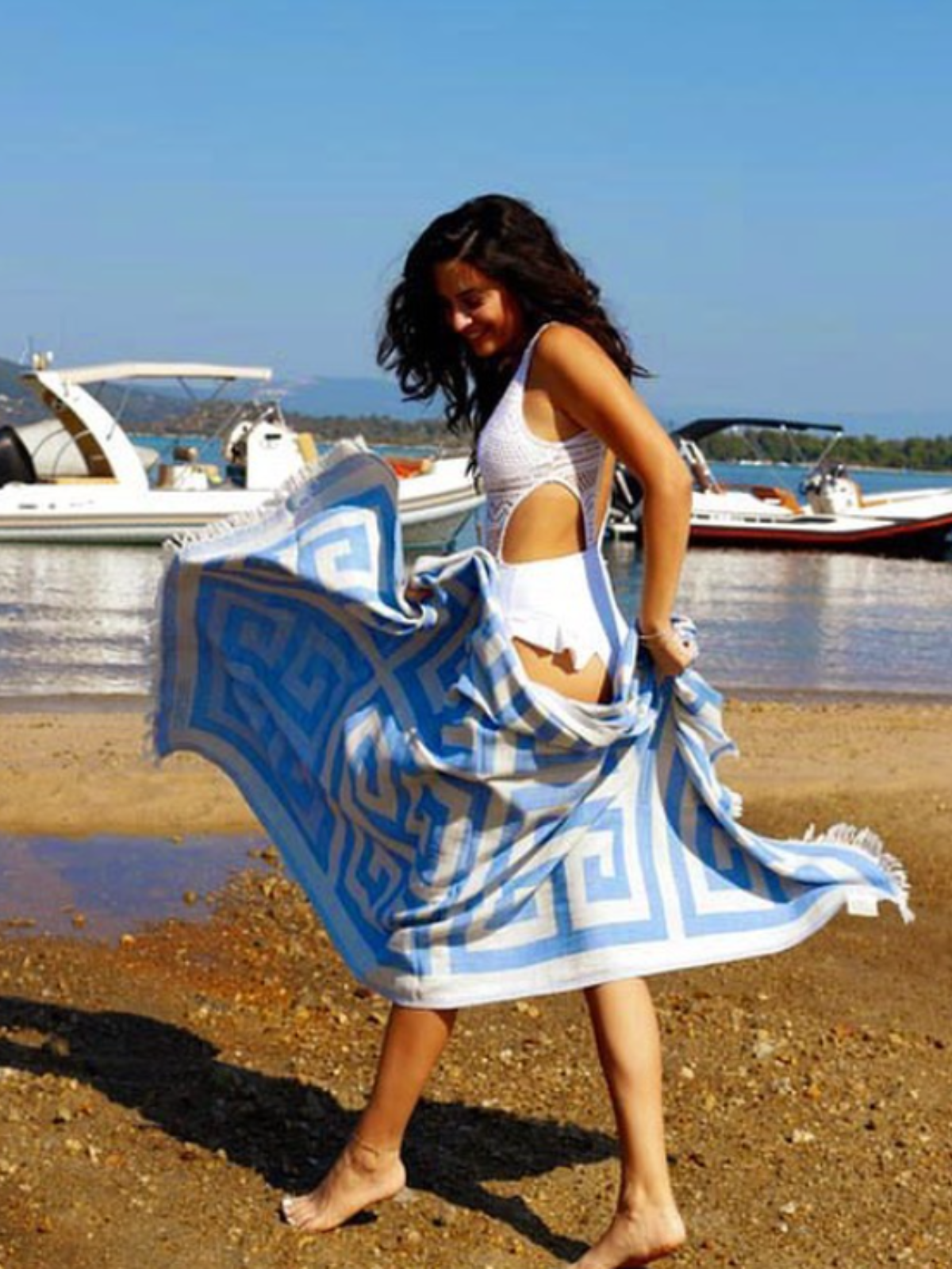 Kreikkalainen pyyhe Meander sininen puuvilla 90x180cm