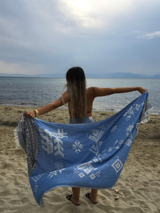 Kreikkalainen pyyhe Ornamentti sininen puuvilla 90x180cm