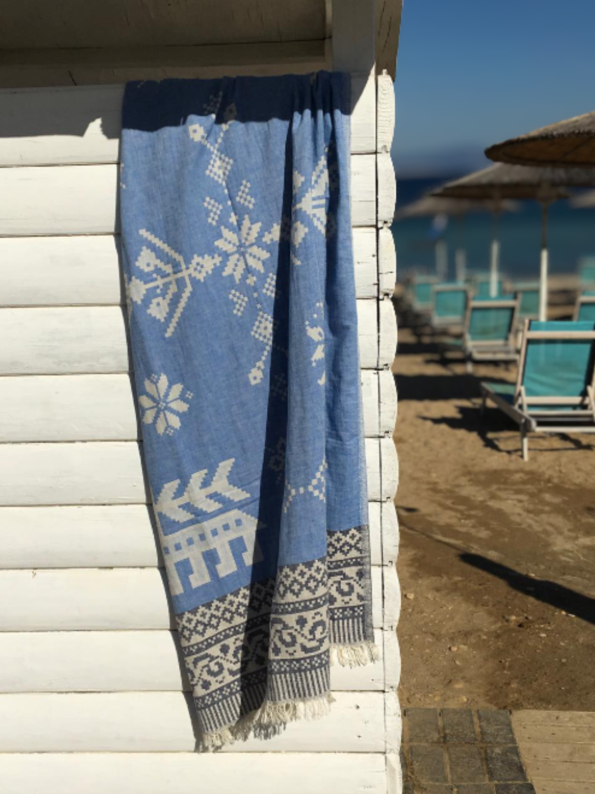 Kreikkalainen pyyhe Ornamentti sininen puuvilla 90x180cm