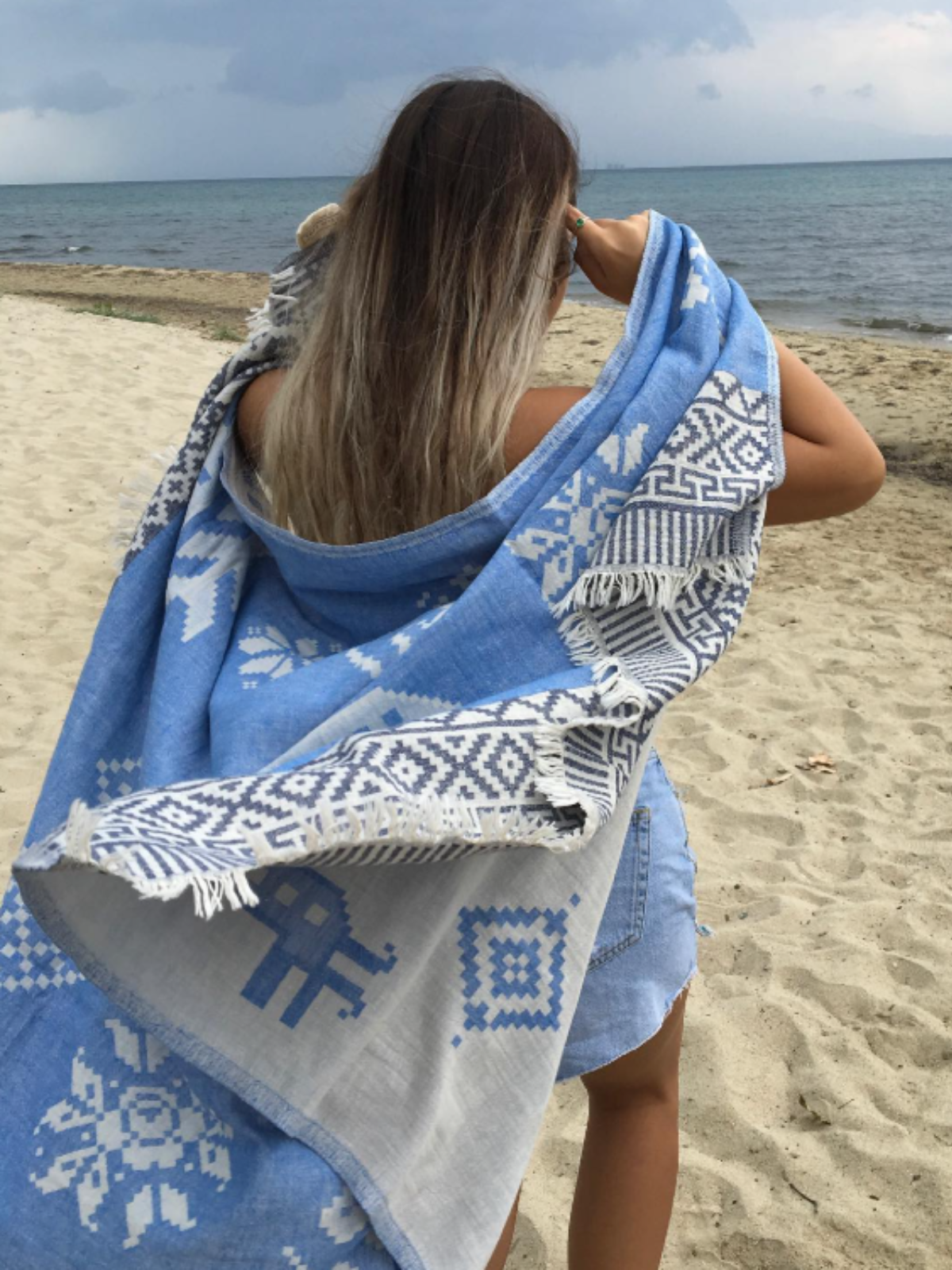 Kreikkalainen pyyhe Ornamentti sininen puuvilla 90x180cm