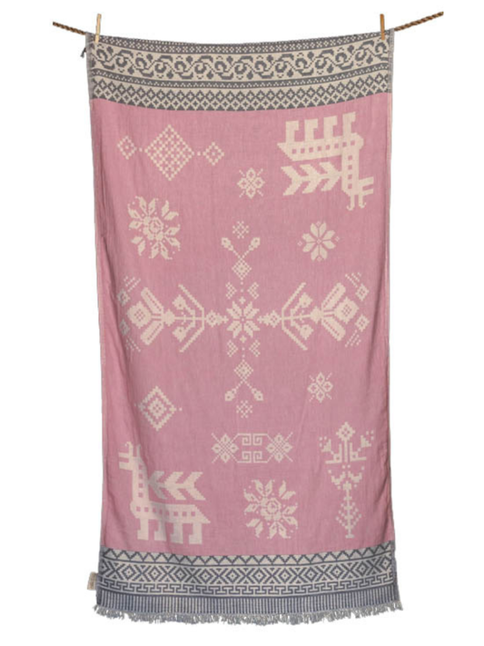 Kreikkalainen pyyhe Ornamentti vaaleanpunainen puuvilla 90x180cm