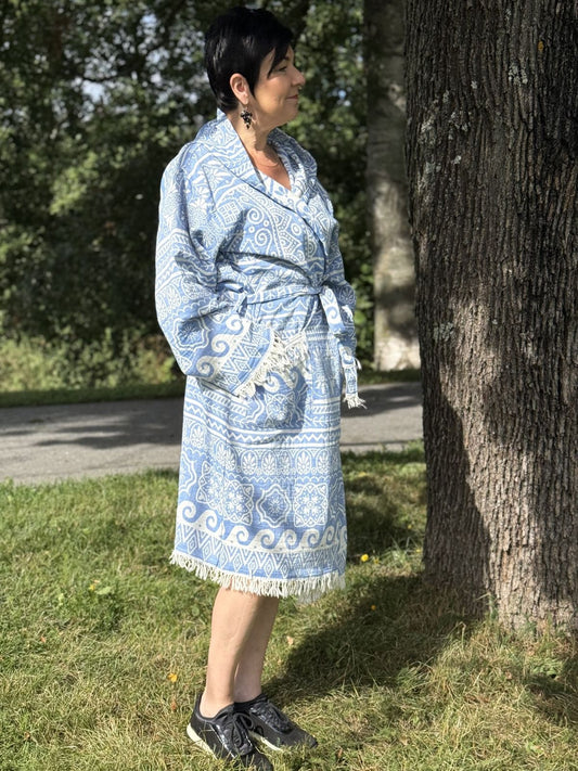 Kreikkalainen hupullinen kylpytakki Mandala sininen