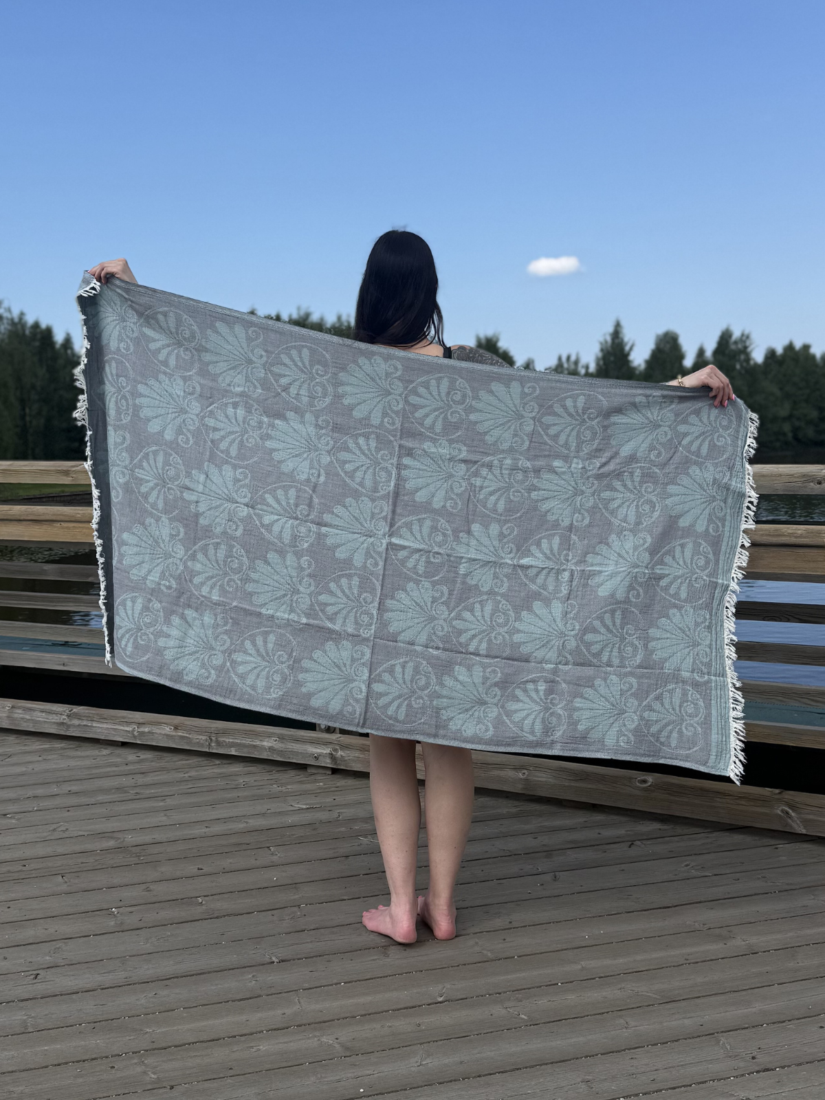 Kreikkalainen pyyhe Lootuskukka harmaa-eukalyptus puuvilla 90x180cm