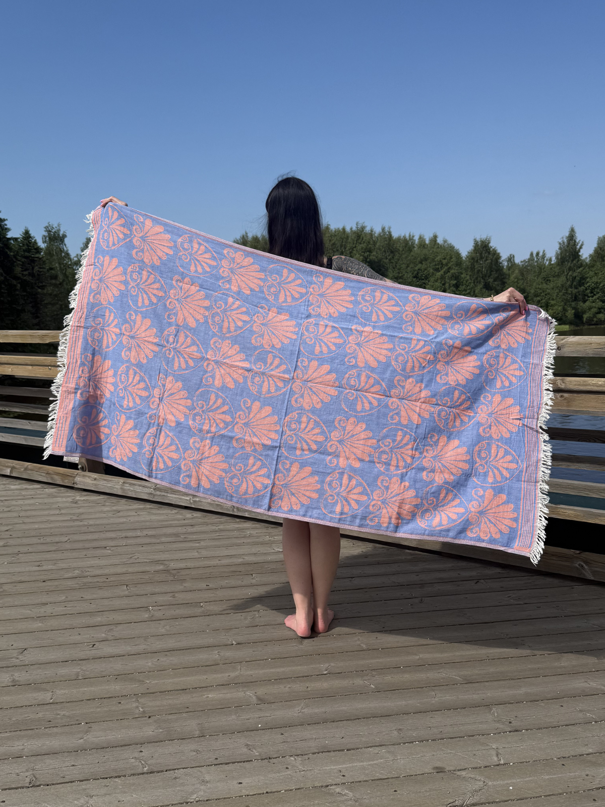 Kreikkalainen pyyhe Lootuskukka sininen/koralli puuvilla 90x180cm
