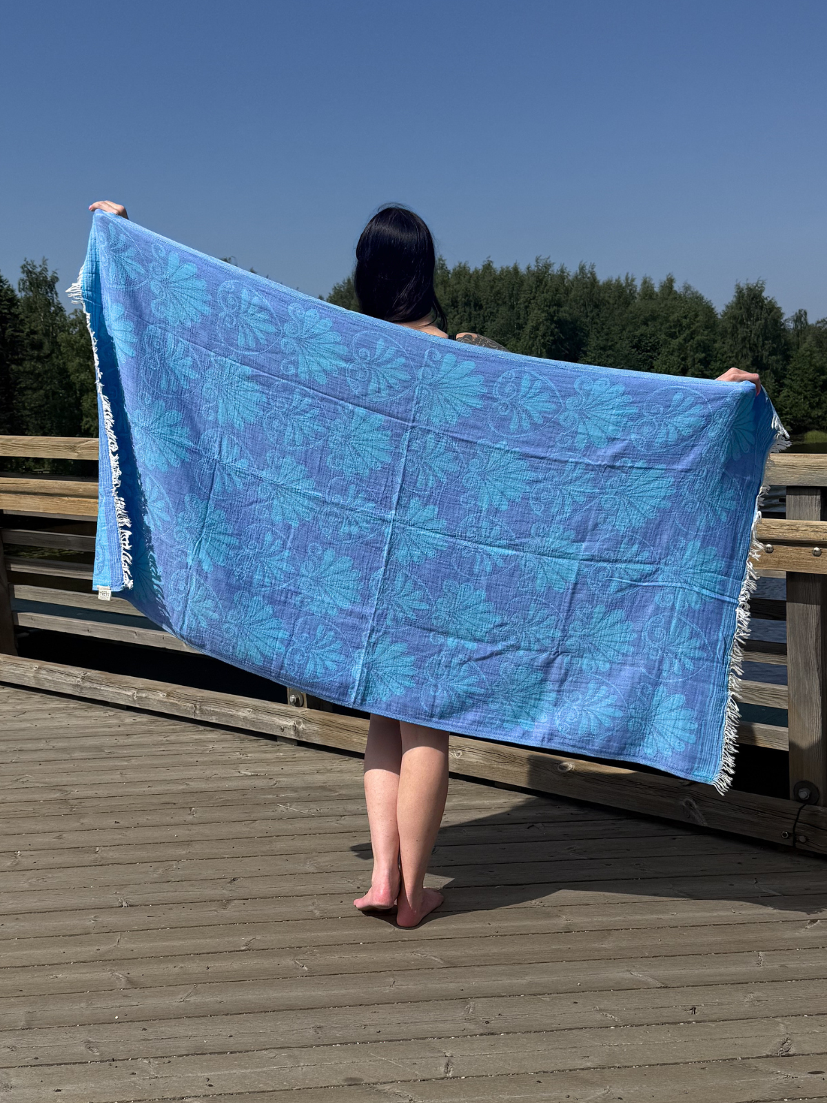 Kreikkalainen pyyhe Lootuskukka sininen-turkoosi puuvilla 90x180cm