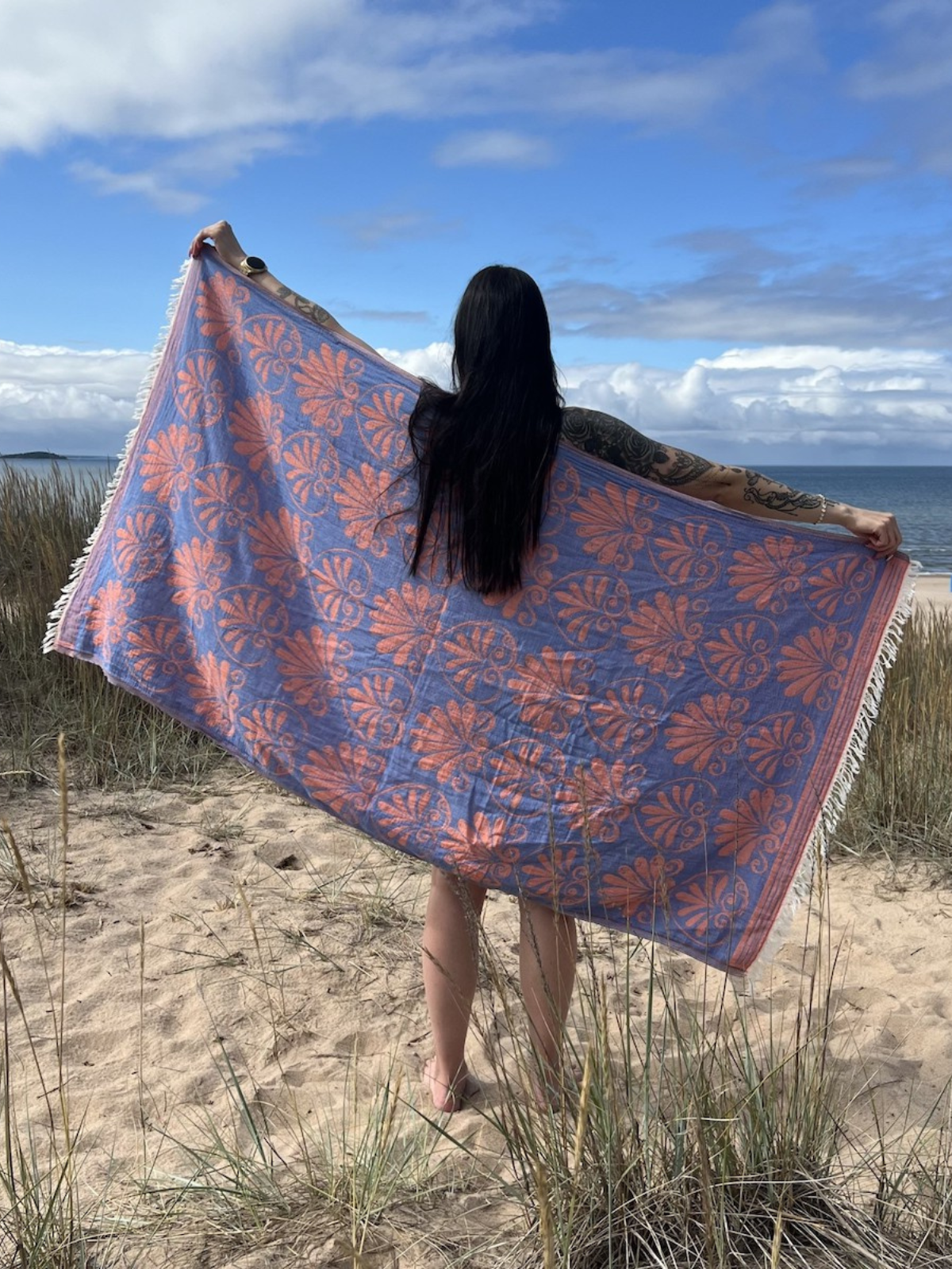 Kreikkalainen kylpypyyhe Lootuskukka sininen/koralli puuvilla 90x180cm