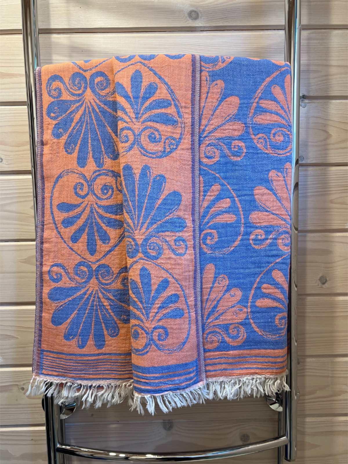 Kreikkalainen kylpypyyhe Lootuskukka sininen/koralli puuvilla 90x180cm
