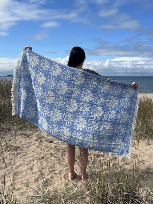 Kreikkalainen kylpypyyhe Lootuskukka sininen puuvilla 90x180cm