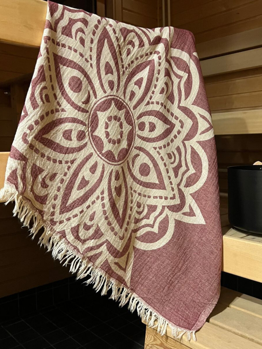 Hamam pyyhe Mandala burgundinpunainen puuvilla 90x180cm