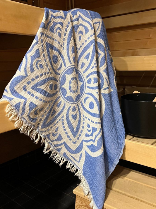Hamam pyyhe Mandala sininen puuvilla 90x180cm