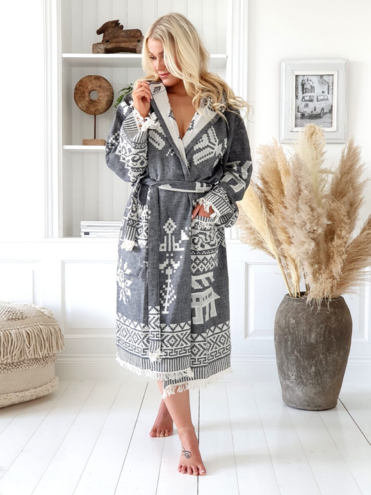 Kreikkalainen hupullinen kylpytakki Ornamentti tummanharmaa