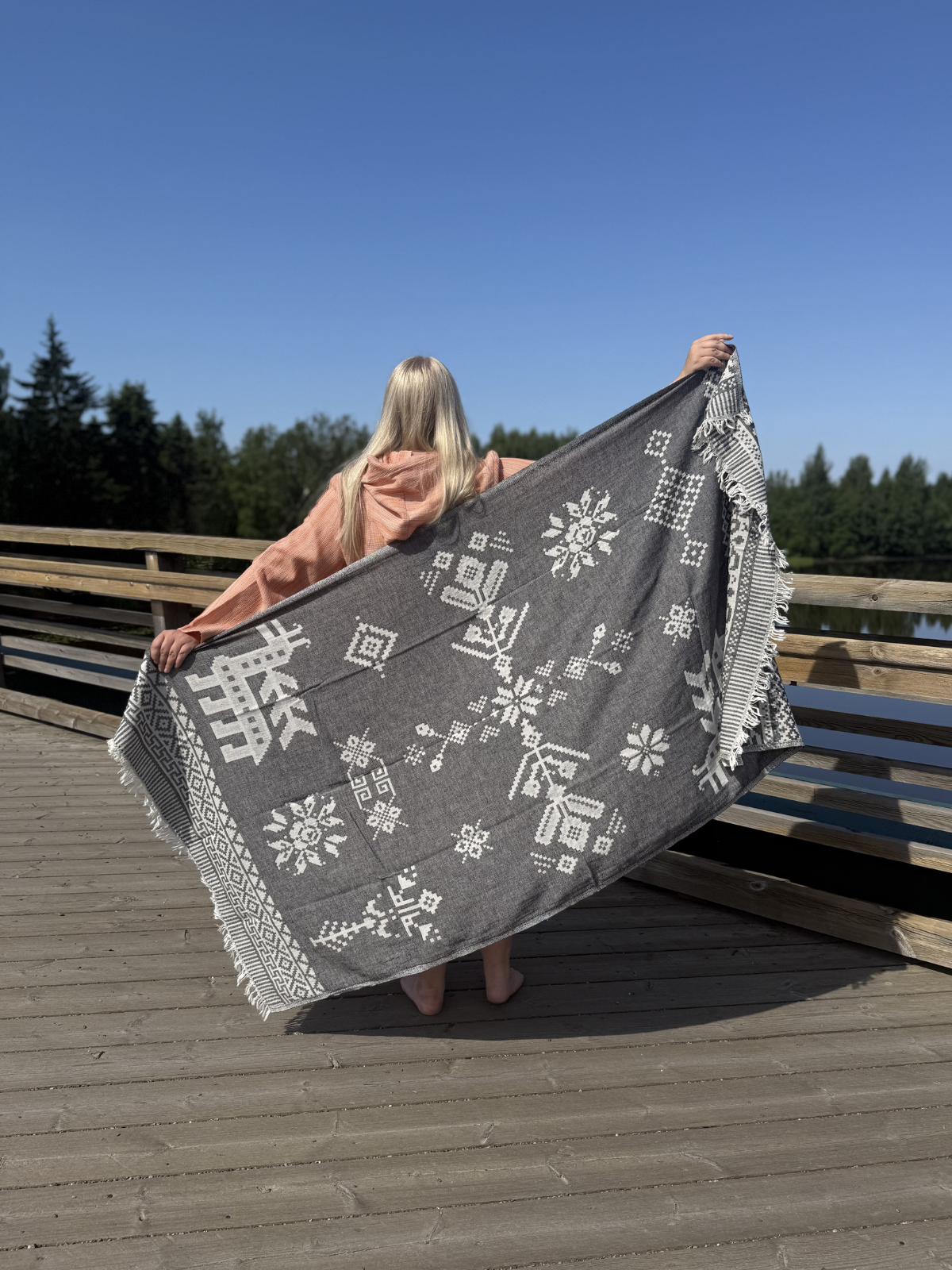 Kreikkalainen pyyhe Ornamentti musta puuvilla 90x180cm
