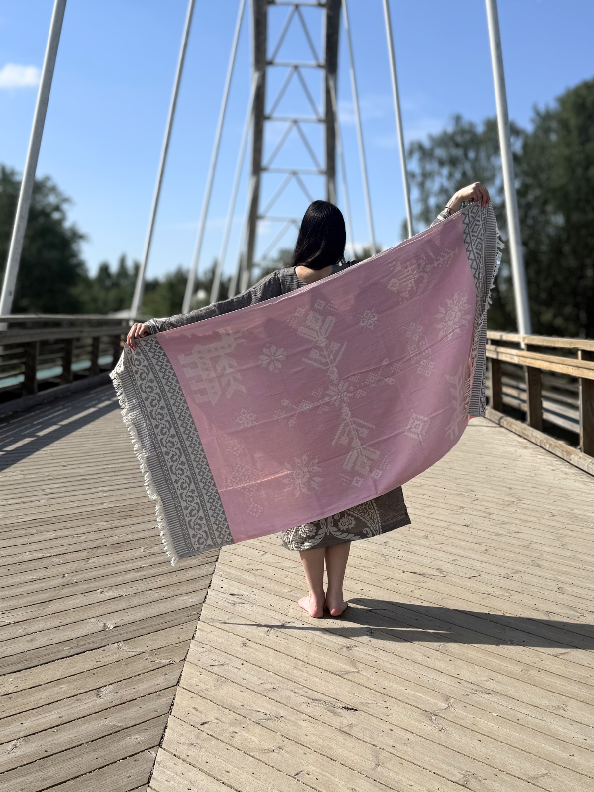 Kreikkalainen pyyhe Ornamentti vaaleanpunainen puuvilla 90x180cm