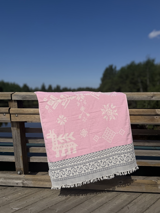 Kreikkalainen pyyhe Ornamentti vaaleanpunainen puuvilla 90x180cm