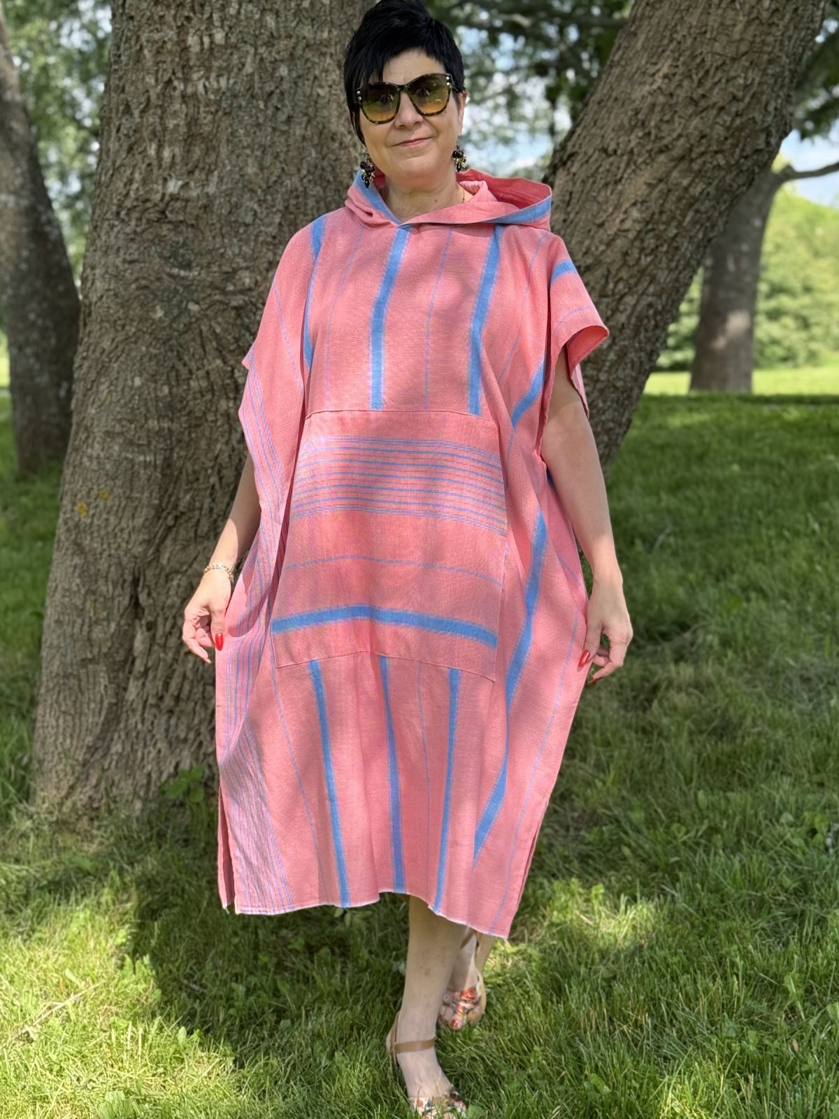 Hamam tunika hupullinen Raita koralli-sininen