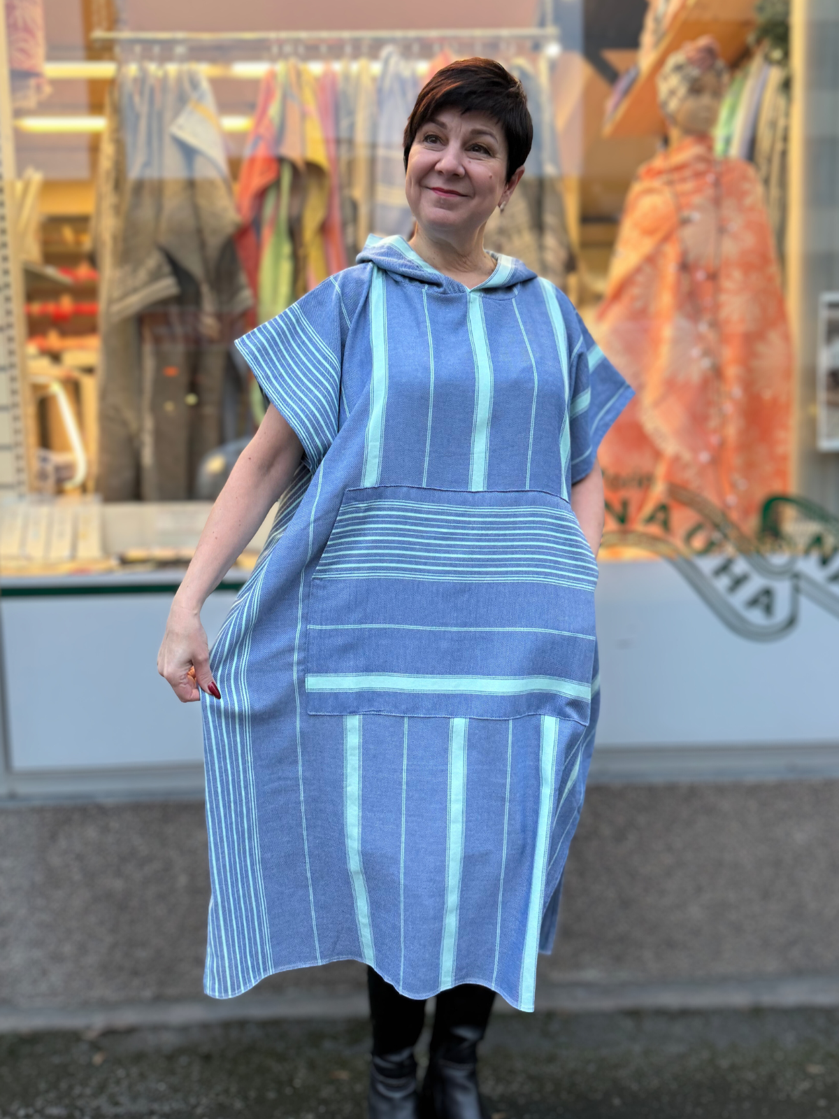 Hamam tunika hupullinen Raita tummansininen-vihreä